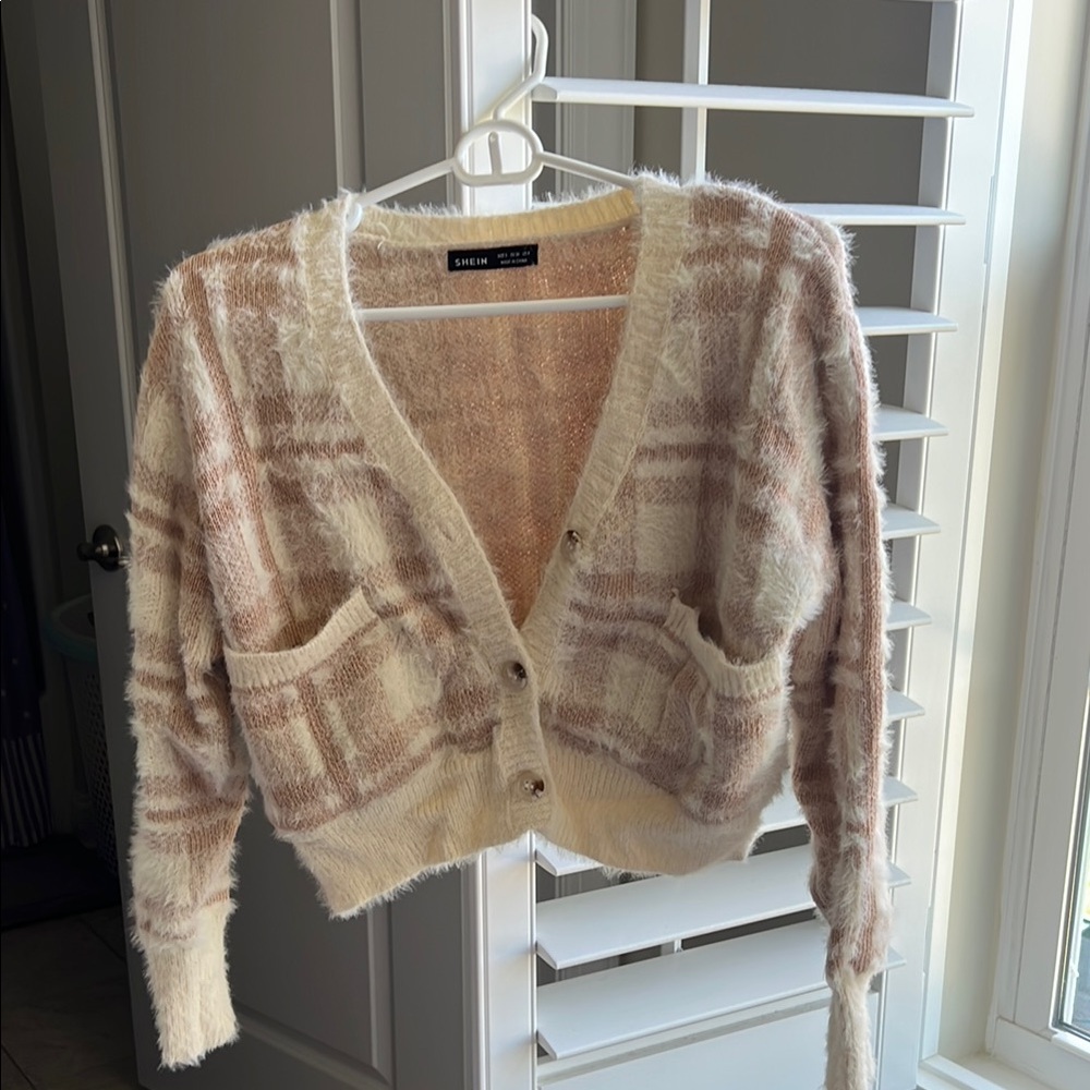 SHEIN Cream and Tan Plaid Cardigan